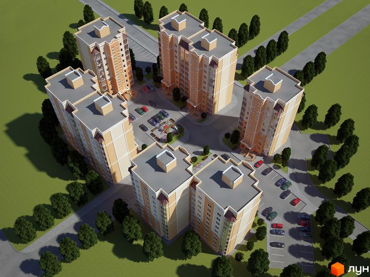 Житловий комплекс Суворівський з висоти, сучасні багатоповерхівки оточені зеленими насадженнями та парковкою.