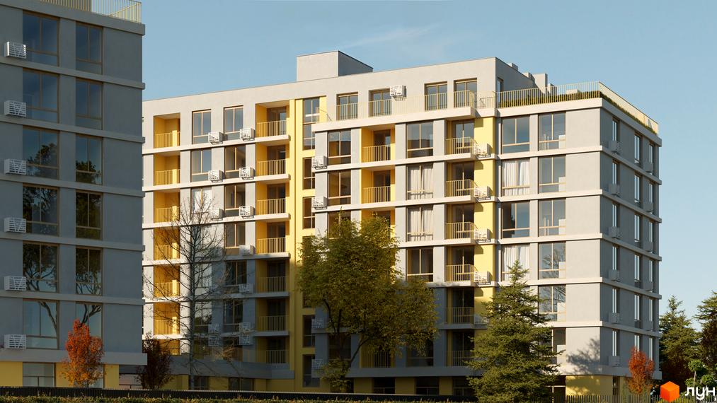 Зображення фасаду та прибудинкової території Житлового комплексу Кленовий двір. Багатоповерховий будинок з балконами та великими вікнами.