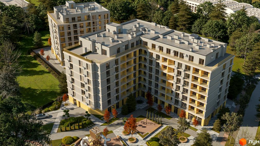 Зображення Житлового комплексу Кленовий двір з висоти пташиного польоту. Вигляд на фасад будинку та прибудинкову територію.