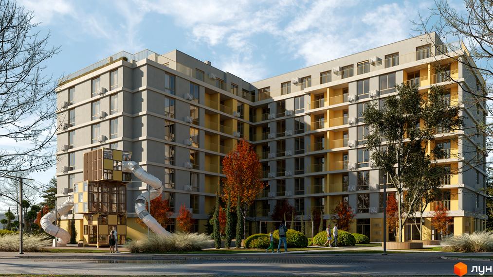 Житловий комплекс Кленовий двір: Г-подібний будинок з сірими фасадами та жовтими балконами. Прибудинкова територія з дитячим майданчиком та зеленими насадженнями.