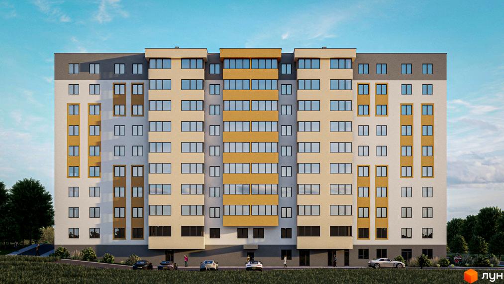 Новобудова ЯнівБуд: світлий фасад з жовтими балконами та сірими вставками. Прибудинкова територія має зелені насадження та парковку.