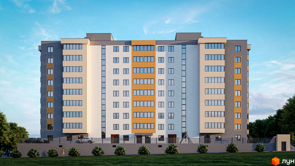 Фасад багатоповерхового будинку Житловий комплекс ЯнівБуд виконаний у світлих, сірих та помаранчевих тонах. На прибудинковій території видно зелені насадження, парковку та дитячий майданчик.