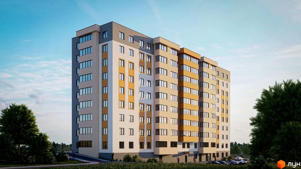 Житловий комплекс ЯнівБуд: багатоповерховий будинок з фасадами сірого, бежевого та помаранчевого кольорів, оточений зеленою територією з деревами та парковкою.