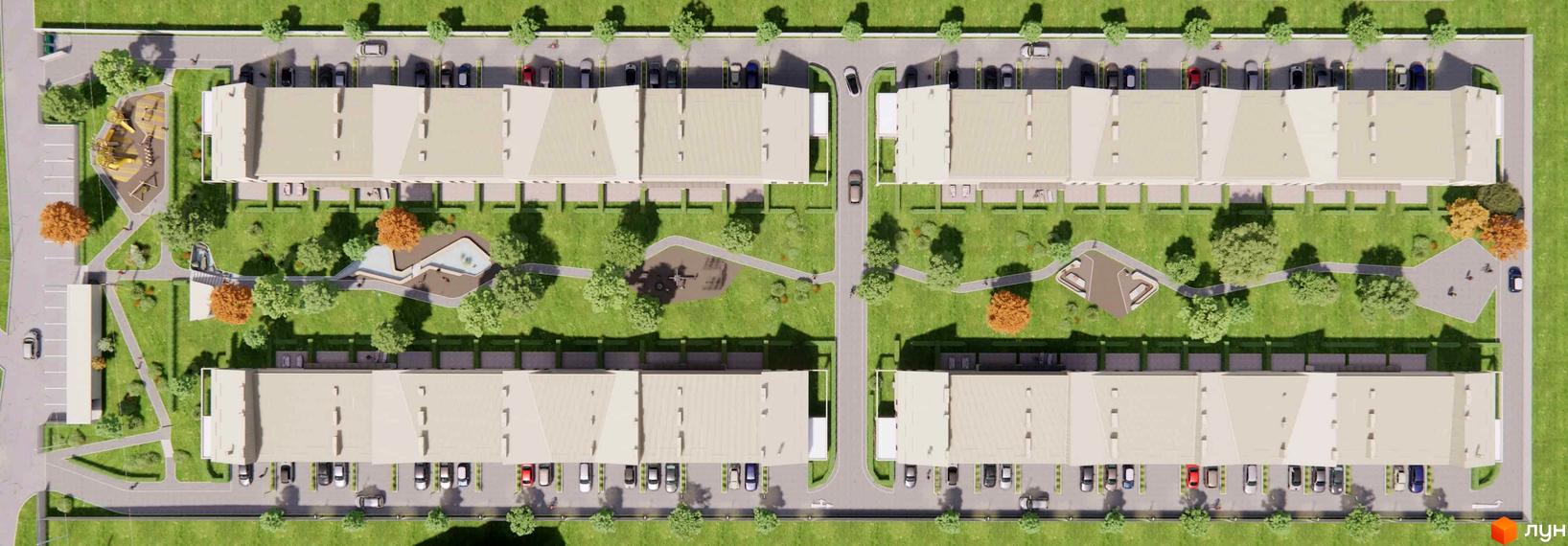 Аерофото Таунхауси 4 Lines: ряди таунхаусів зі світлими дахами, парковками, зеленими газонами, деревами, дитячими майданчиками та зонами відпочинку.