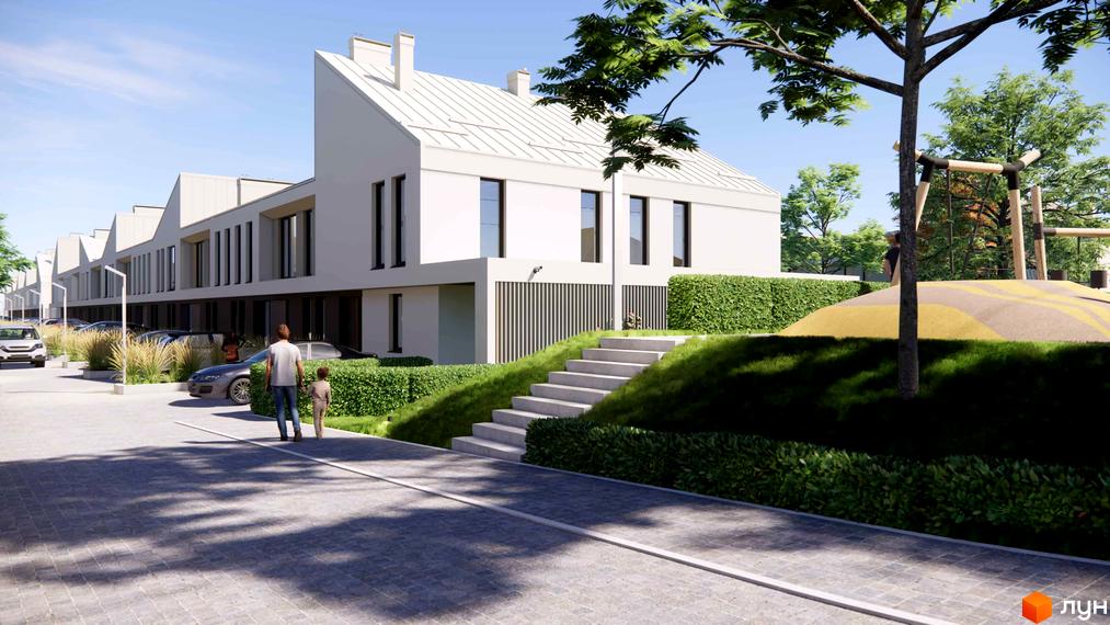 Зображення таунхаусів 4 Lines з білим фасадом та великими вікнами. На передньому плані пішохідна зона та зелені насадження.