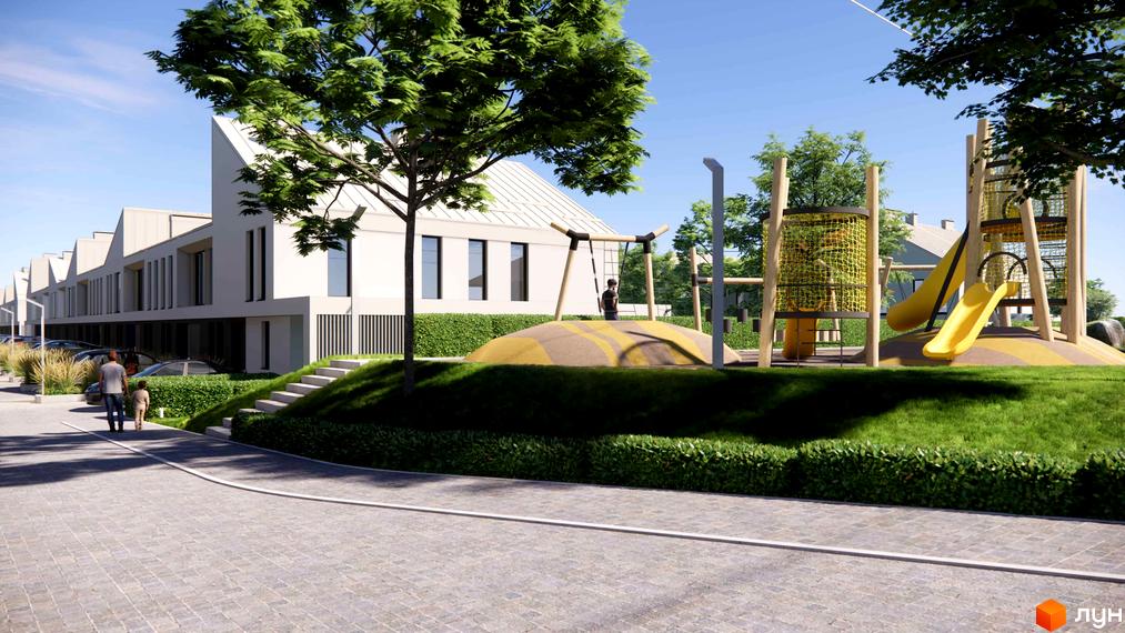 Зображення таунхаусів 4 Lines з дитячим майданчиком на прибудинковій території. На передньому плані пішохідна зона.