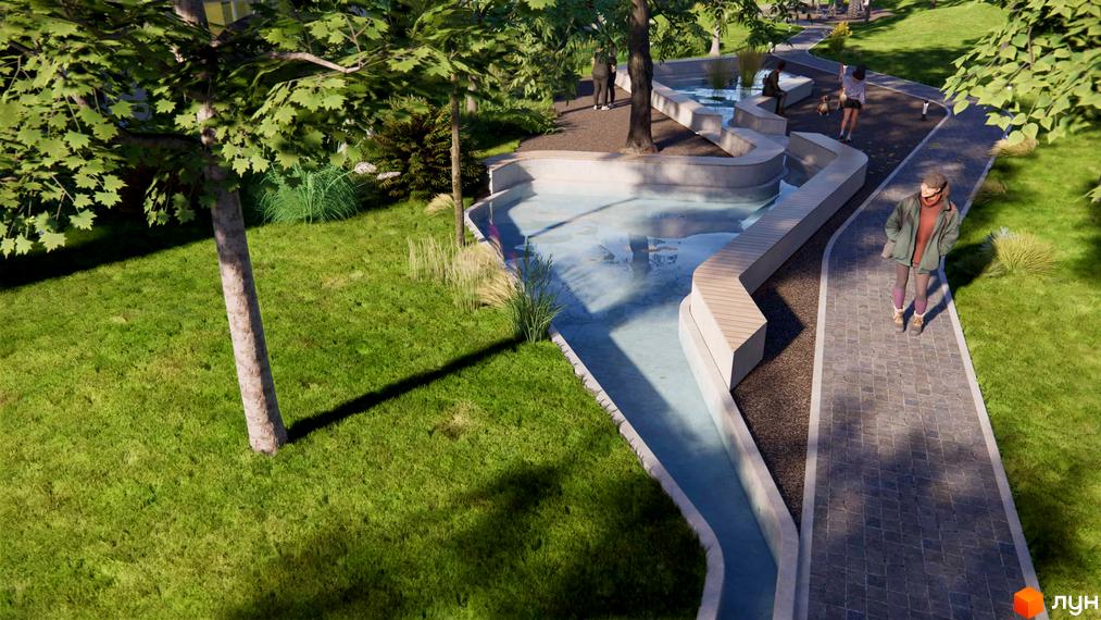 Паркова зона Таунхаусів 4 Lines з водним каналом, лавками та доріжками для прогулянок. Зелені насадження та дерева створюють простір для відпочинку.