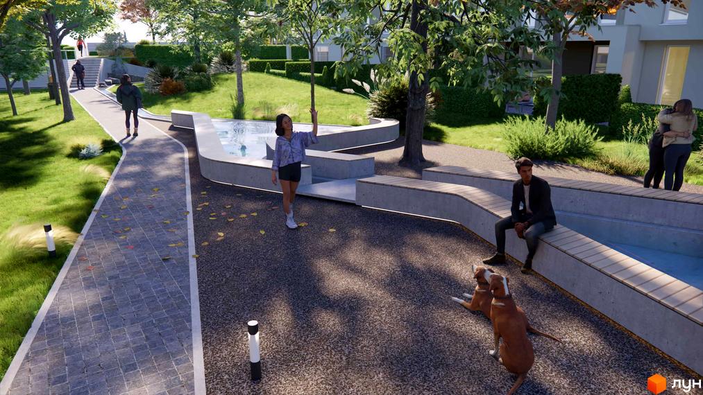 Зображення благоустрою території біля таунхаусів 4 Lines. На фото пішохідні доріжки, лавки, дерева та декоративні елементи.