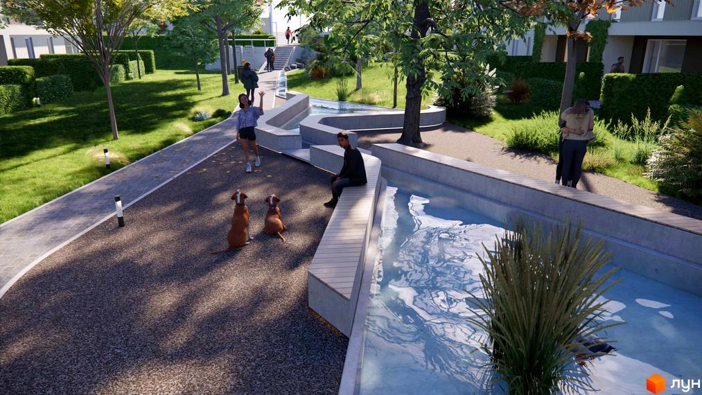 Візуалізація прибудинкової території з ландшафтним дизайном у Новобудові 4 Lines. На території є басейн, дерева та місця для відпочинку.