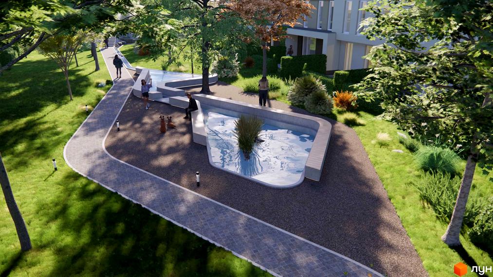 Таунхауси 4 Lines: будинки зі світлими фасадами та облаштована прибудинкова територія з газонами, доріжками та водоймою.