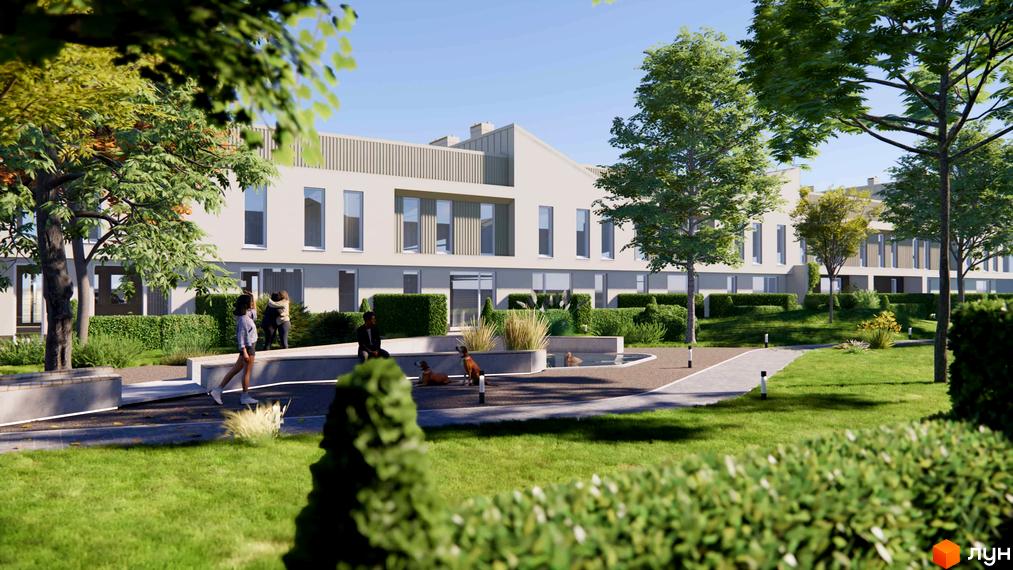 Зображення фасаду та прибудинкової території Таунхаусів 4 Lines. На території є зелені насадження та пішохідні доріжки.