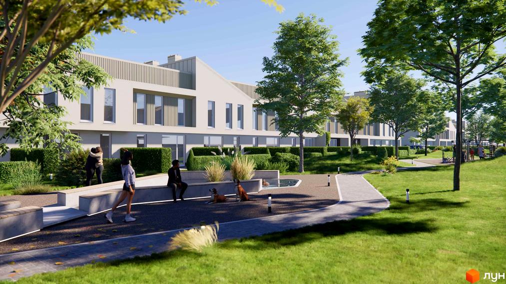 Таунхауси 4 Lines з світлими фасадами та великими вікнами. Прибудинкова територія має доглянутий газон, дерева, кущі та пішохідні доріжки.