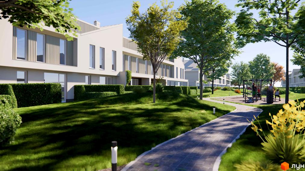 Зображення таунхаусів 4 Lines з великими вікнами та зеленими насадженнями. На території є доріжки та спортивний майданчик.