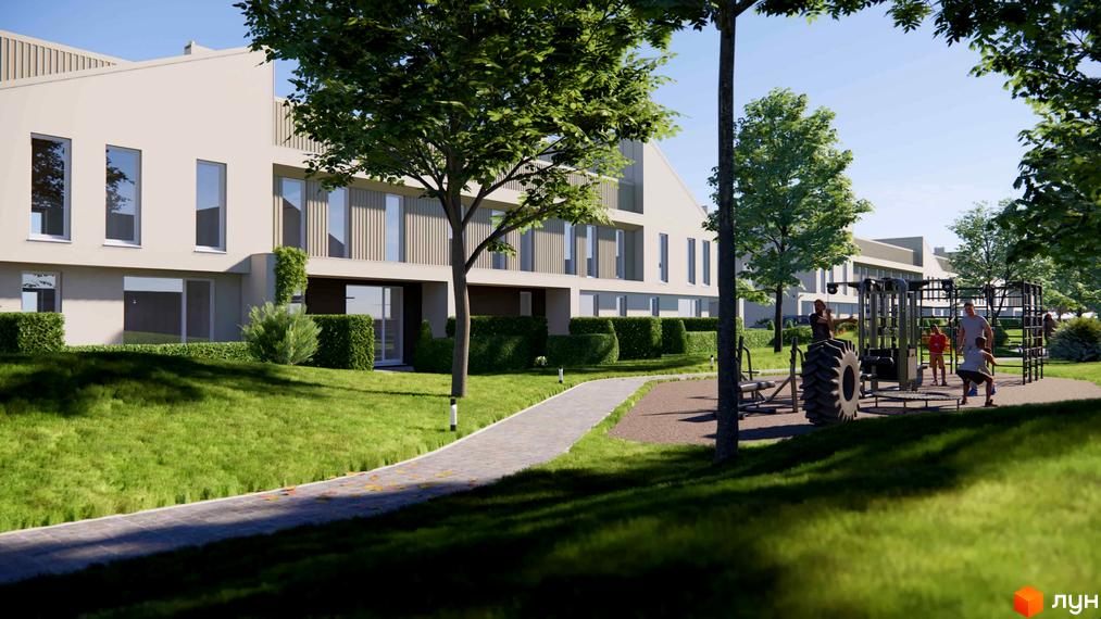 Зображення таунхаусів 4 Lines з великими вікнами та зеленим газоном. На території є дитячий майданчик та пішохідна доріжка.