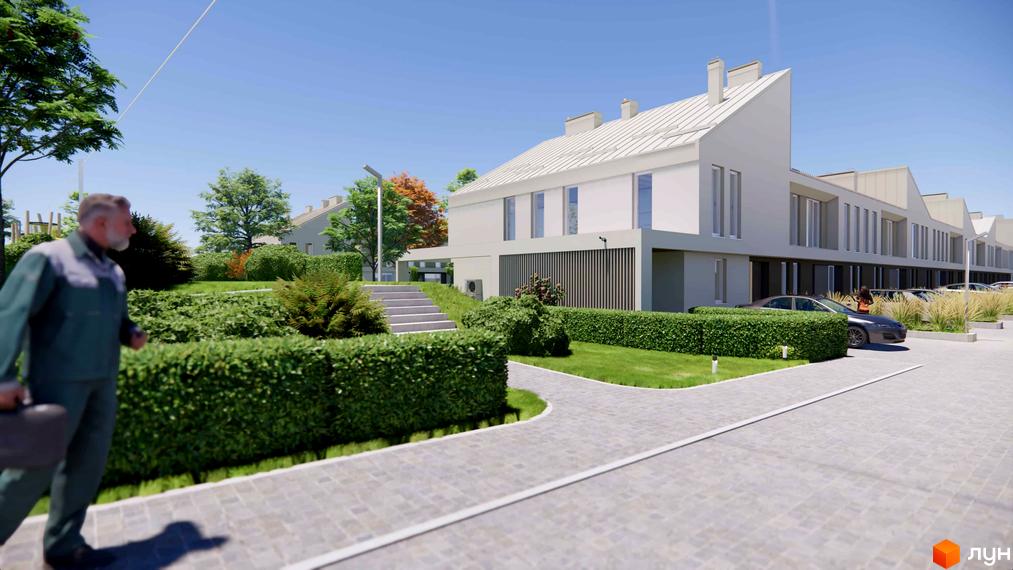 Таунхауси 4 Lines: ряд будинків зі світлими фасадами та виразними дахами. Прилегла територія має зелені газони, доглянуті кущі та вимощені доріжки.