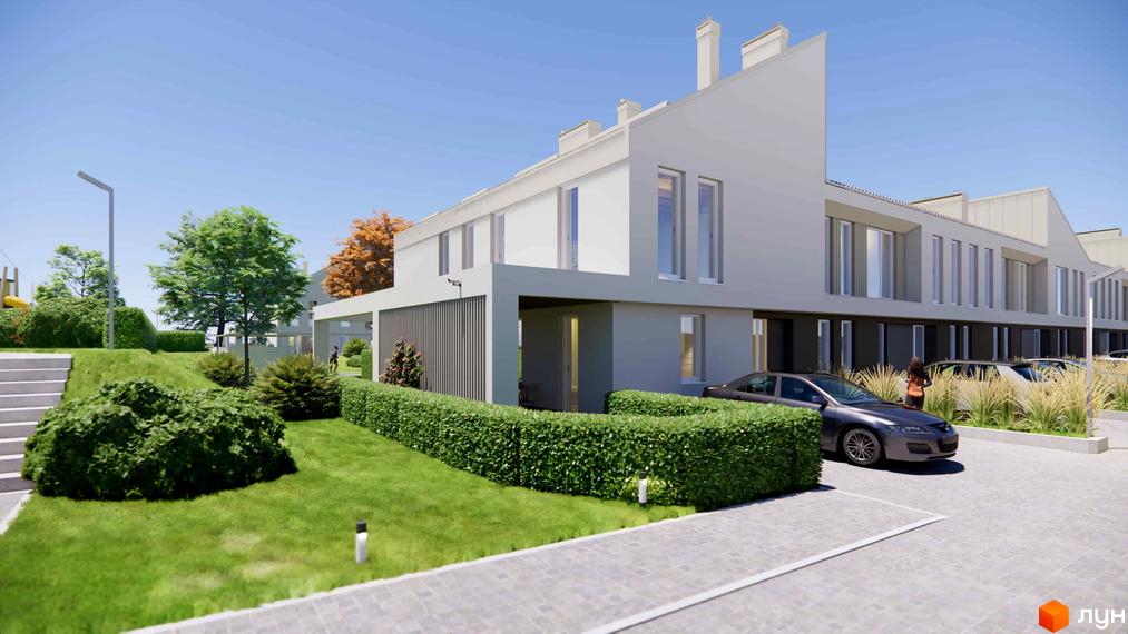 Зображення таунхаусів 4 Lines з прибудинковою територією. На передньому плані зелені насадження та припаркований автомобіль.