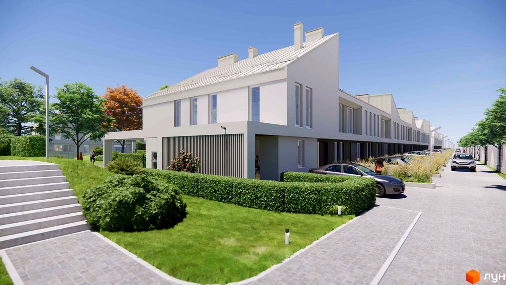 Таунхауси 4 Lines: білі двоповерхові будинки з пласкими дахами та великими вікнами, перед ними зелений газон та доглянуті кущі.