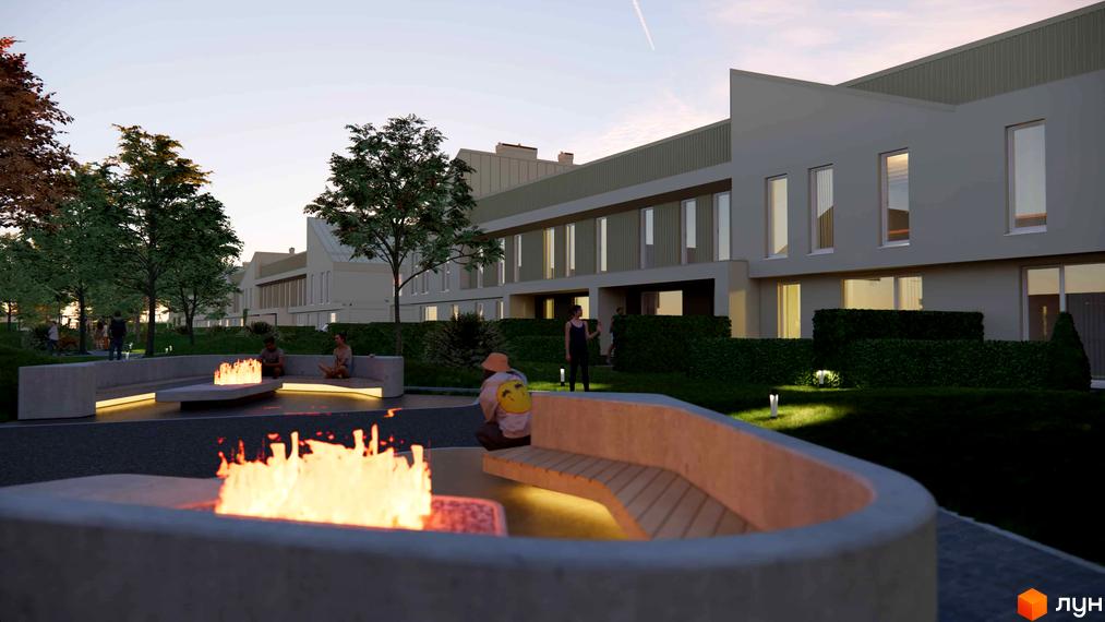 Таунхауси 4 Lines мають світлі фасади та великі вікна. Прибудинкова територія облаштована зеленими насадженнями, лавками та вогнищами.