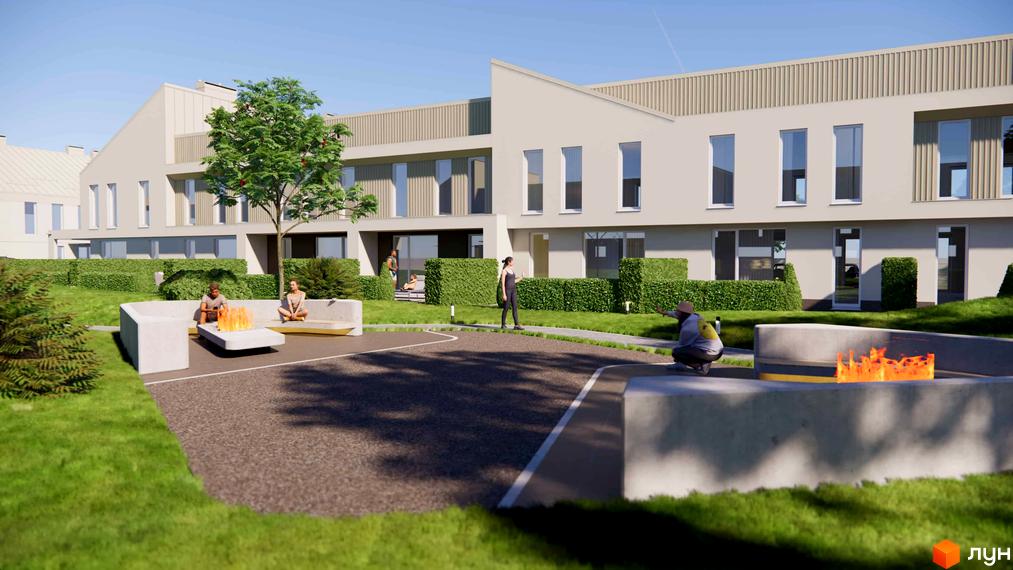 Таунхауси 4 Lines: сучасний житловий комплекс з доглянутою прибудинковою територією та місцями для відпочинку.