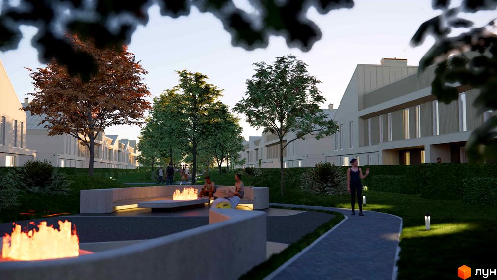 Таунхауси 4 Lines мають світлі фасади та багаторівневі дахи. Прибудинкова територія облаштована зеленими насадженнями, доріжками та зонами відпочинку з вогнищем.