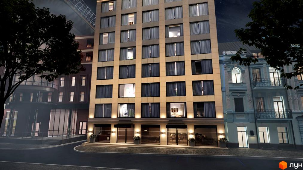 Апарт-готель „На Тургенєвській, 17а“ - це багатоповерхова новобудова з великою кількістю вікон та балконів, розташована біля дороги.