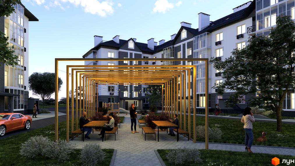 Житловий комплекс Кочубеївський: світлі будинки з великими вікнами та терасами, облаштована прибудинкова територія з місцями для відпочинку.