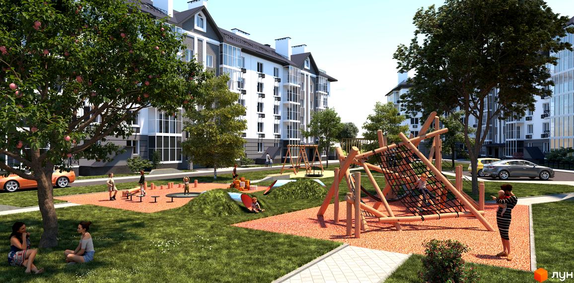 Житловий комплекс Кочубеївський: фасади будинків з панорамними вікнами та дитячий майданчик з гірками та гойдалками.