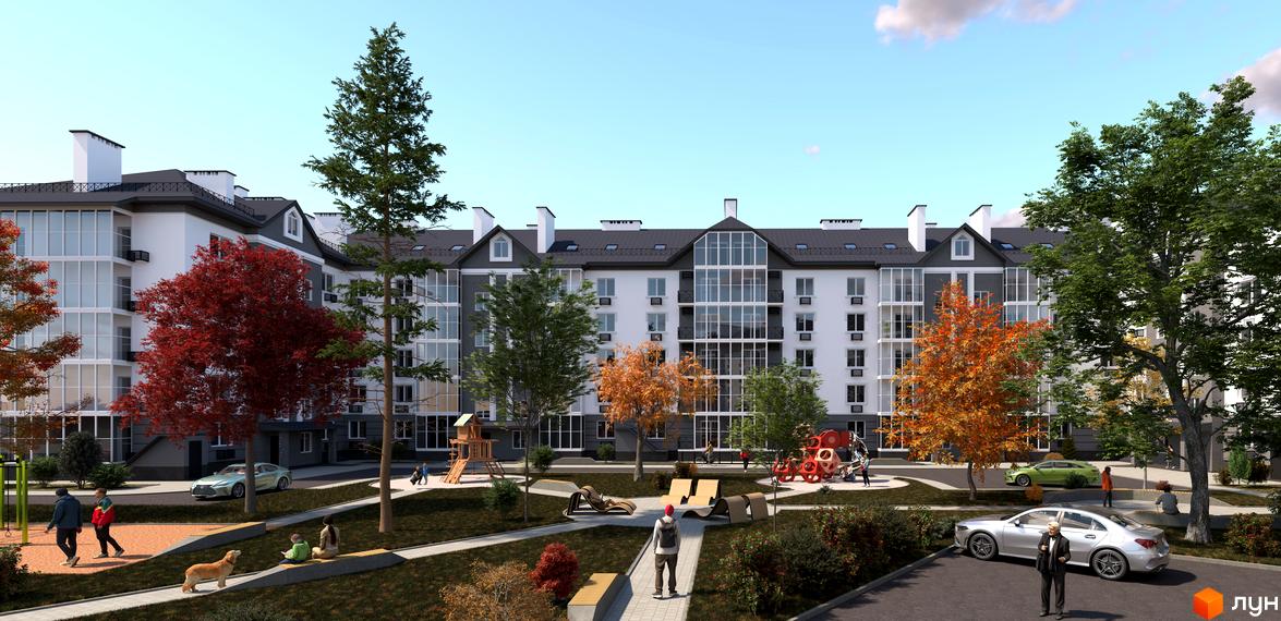 Житловий комплекс Кочубеївський з фасадами біло-сірого кольору та темним дахом, з прибудинковою територією з деревами та дитячим майданчиком.