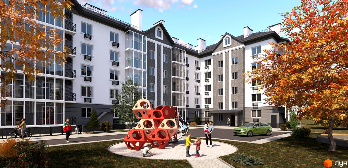 Житловий комплекс Кочубеївський: сучасна архітектура з панорамним склінням та дитячим майданчиком. Насолоджуйтесь затишком та комфортом на доглянутій прибудинковій території.