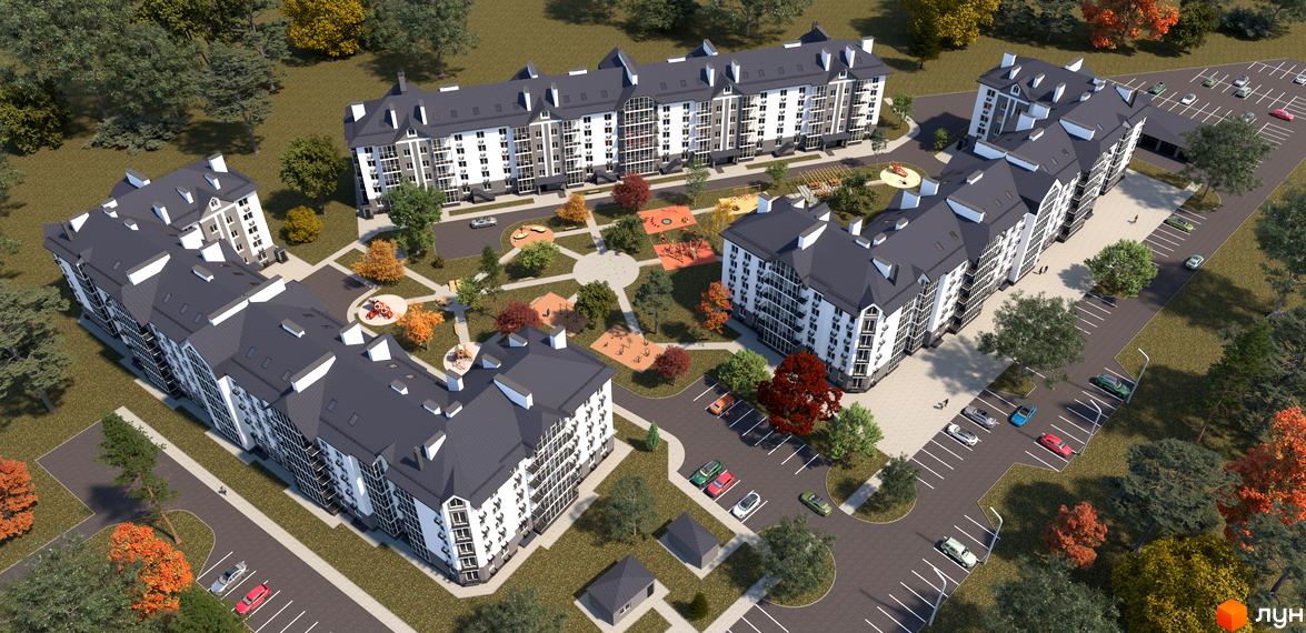 Житловий комплекс Кочубеївський. Багатоквартирні будинки з темною покрівлею та світлими фасадами. На території дитячі майданчики, парковка та зелені насадження.