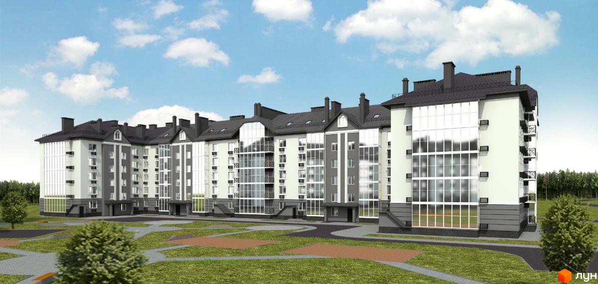 Зовнішній вигляд новобудови ЖК Кочубеївський з великими вікнами та балконами, прибудинкова територія з зеленими насадженнями та доріжками.