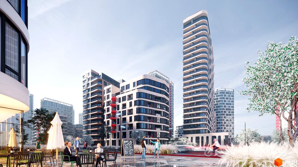 Житловий комплекс з багатоповерховими будинками та балконами, що виступають. Тераса з столиками та парасольками, люди відпочивають на вулиці.