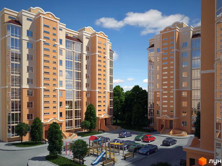 Житловий комплекс Суворівський. Багатоповерхові будинки з панорамним склінням та парковкою біля будинку. Дитячий майданчик та зелені насадження на прибудинковій території.