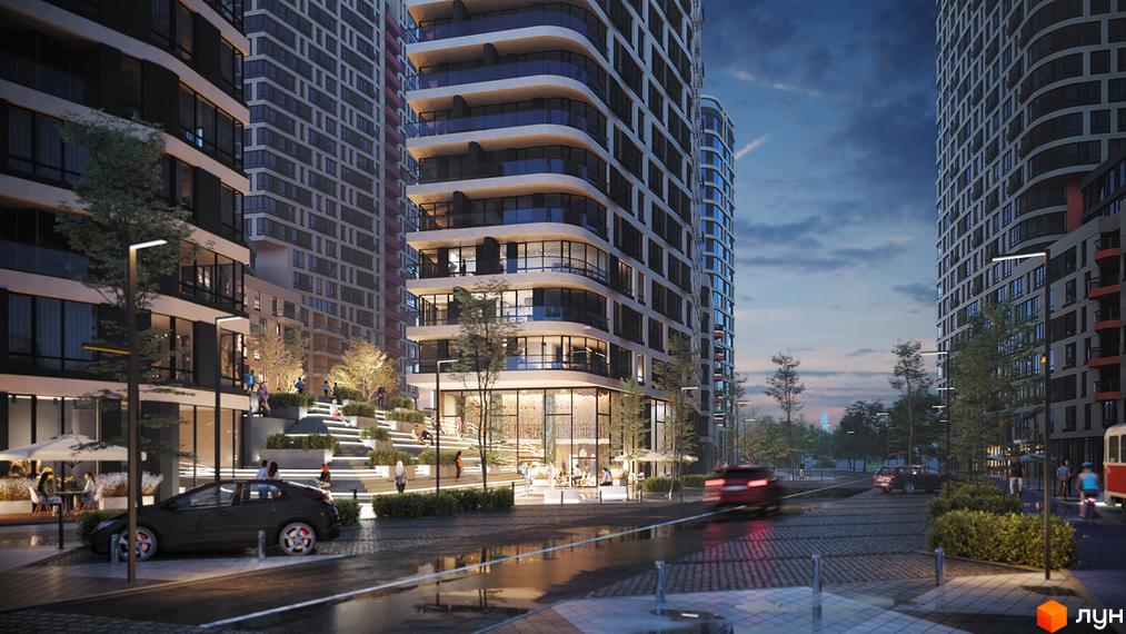 Житловий комплекс з багатоповерховими будинками та терасами, з відкритими балконами та скляними фасадами. Територія облаштована сходами, деревами та місцями для відпочинку.