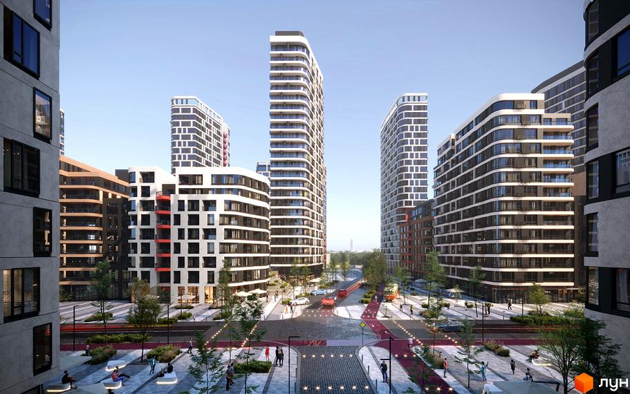 Сучасний житловий комплекс з високими будівлями та упорядкованою прибудинковою територією з пішохідними зонами та місцями для відпочинку.