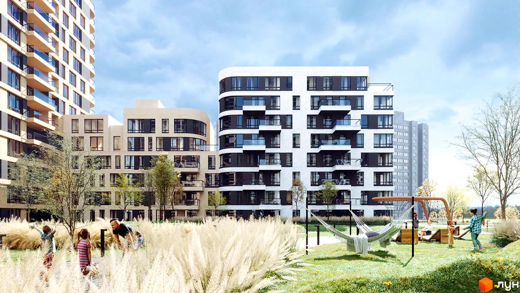 Сучасний житловий комплекс з вигнутими фасадами та балконами, дитячим майданчиком та зонами відпочинку на прибудинковій території.