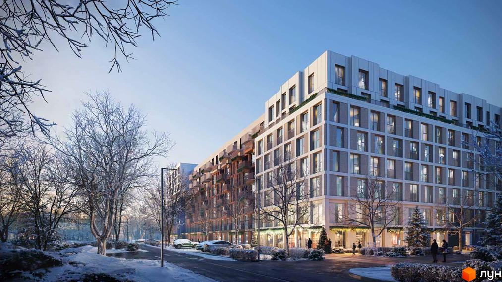 Житловий комплекс Newton. Багатоквартирний будинок з великими вікнами та балконами. На прибудинковій території сніг, дерева та ліхтарі.