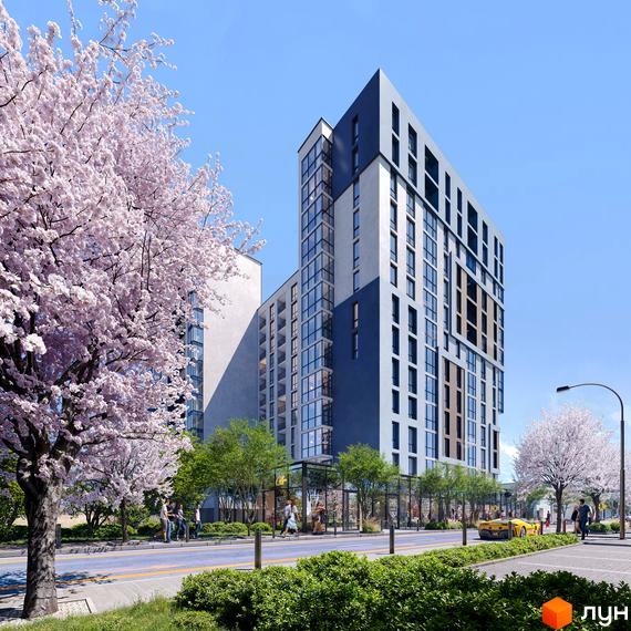 Житловий комплекс Smart Story - сучасна новобудова з панорамними вікнами та зеленою прибудинковою територією.