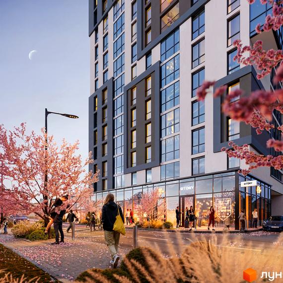 Новобудова Smart Story з великими вікнами та фасадом сірого та білого кольору. Навколо будинку розташовані дерева з рожевими квітами та місця для відпочинку.