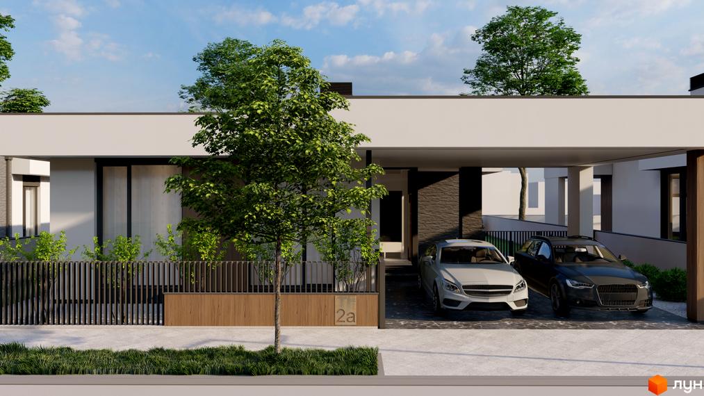 Зображення будинку в Котеджному містечку ROCK GARDEN RESIDENCE з парковкою для автомобілів та зеленими насадженнями на прибудинковій території.