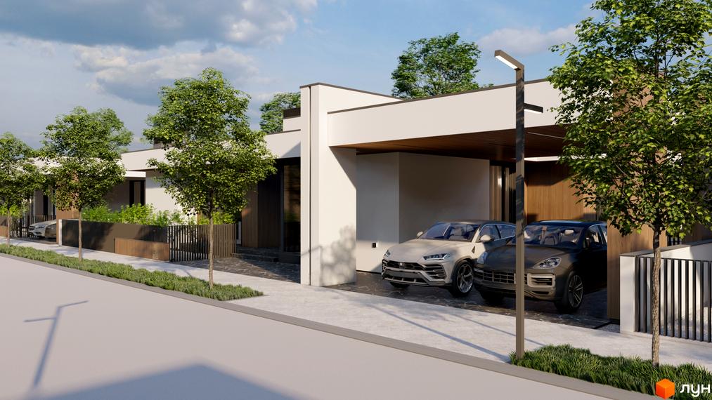 Котеджне містечко ROCK GARDEN RESIDENCE з двома автомобілями біля будинку. Навколо будинку зелені дерева та доглянута територія.