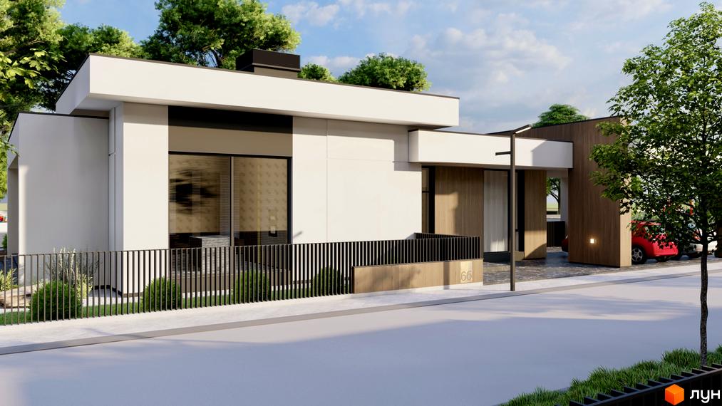 Котеджне містечко КМ ROCK GARDEN RESIDENCE. Зовнішній вигляд будинку з білими та дерев'яними фасадами, огородженою територією та червоним автомобілем.