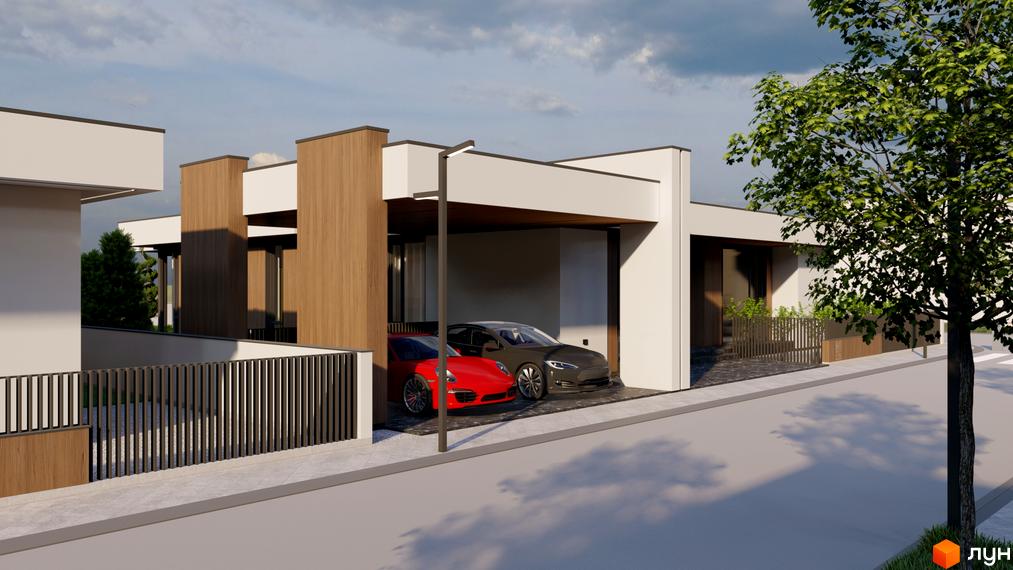 Котеджне містечко ROCK GARDEN RESIDENCE з сучасним фасадом та двома автомобілями на парковці. Прибудинкова територія огороджена парканом.