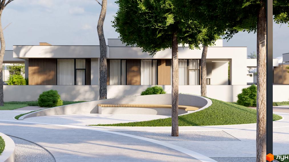 Фасад будинку в Котеджному комплексі ROCK GARDEN RESIDENCE з панорамними вікнами, поруч з будинком ландшафтний дизайн з деревами та лавкою.