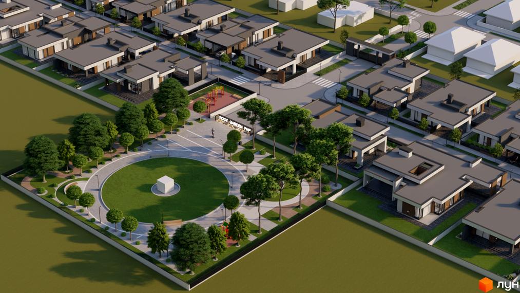 Котеджне містечко ROCK GARDEN RESIDENCE з одноповерховими будинками з плоскими дахами. На території є дитячий майданчик, зелені насадження та кругова алея.
