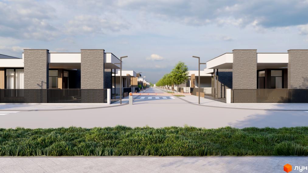 Зображення сторінки житлового комплексу КМ ROCK GARDEN RESIDENCE. Будинки з сірим фасадом, огороджені чорним парканом. Перед будинками газон з травою.
