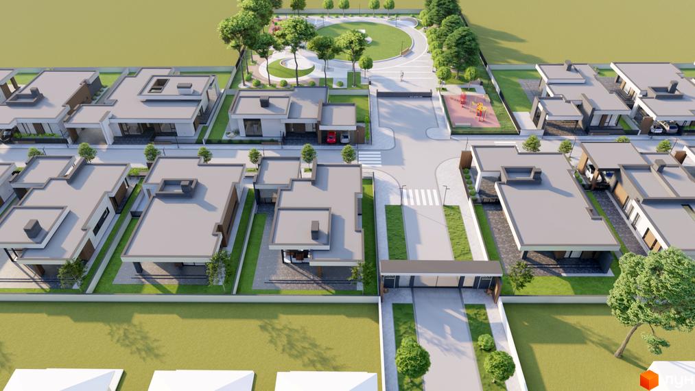 Котеджне містечко КМ ROCK GARDEN RESIDENCE з сучасними будинками та доглянутою прибудинковою територією з дитячим майданчиком та зоною відпочинку.