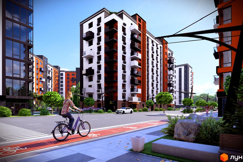 Зовнішній вигляд житлового комплексу СКАНДИНАВІЯ з білими та помаранчевими фасадами, балконами та велосипедною доріжкою. Навколо комплексу зелені насадження та міська інфраструктура.