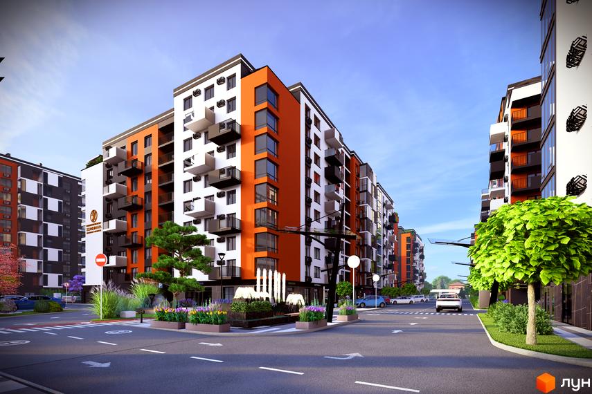 Житловий комплекс SCANDINAVIA. Зовнішній вигляд будівель з помаранчевими та білими фасадами, балконами та панорамними вікнами. Прибудинкова територія з деревами, квітами та фонтаном.