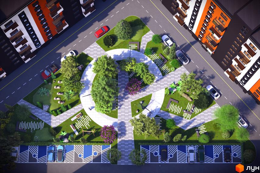 Житловий комплекс СКАНДИНАВІЯ: вид зверху на будинки та зелену прибудинкову територію з місцями для відпочинку та паркування.